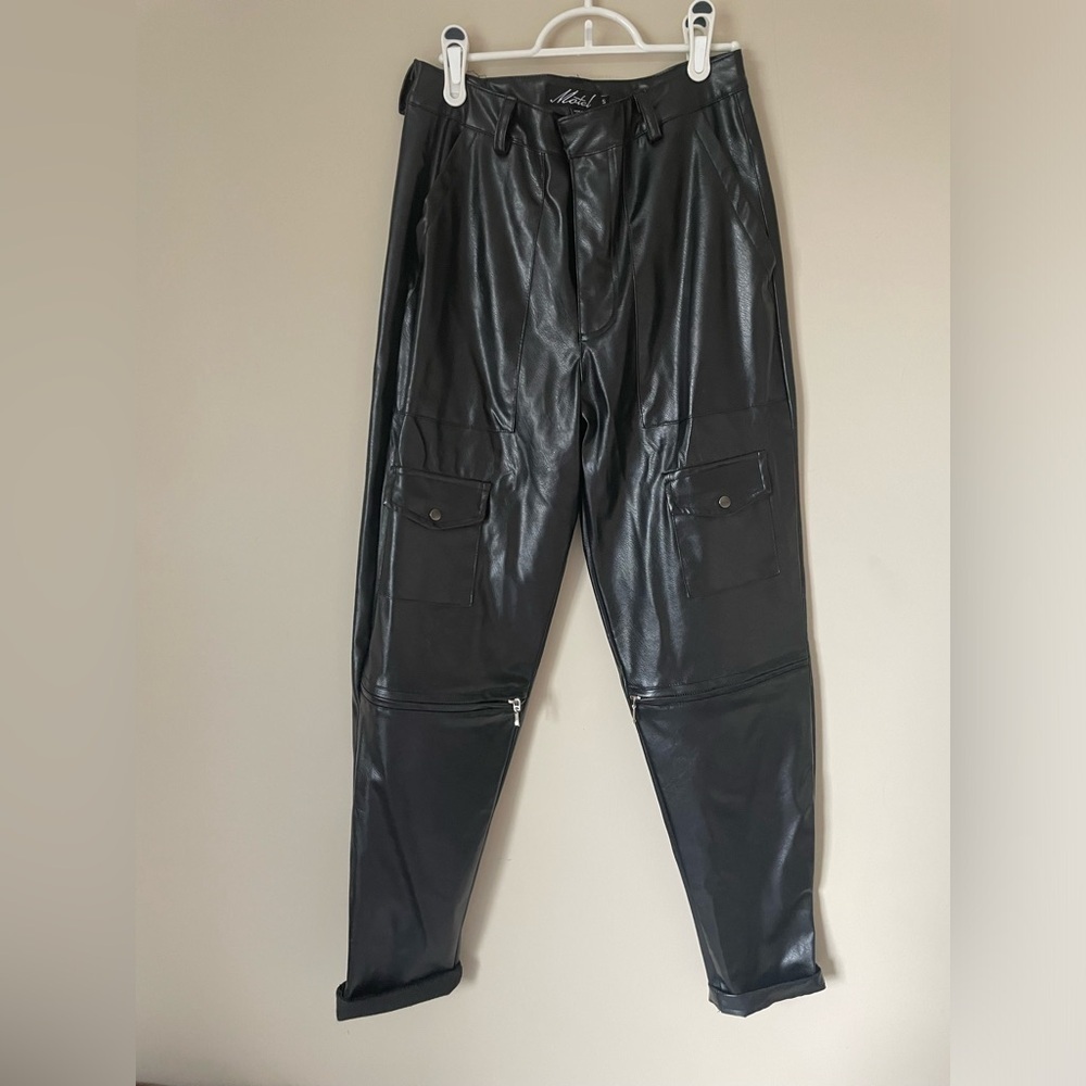 Matel vegan leather Cargo Pants zipper detailing baggier style size small NWOT